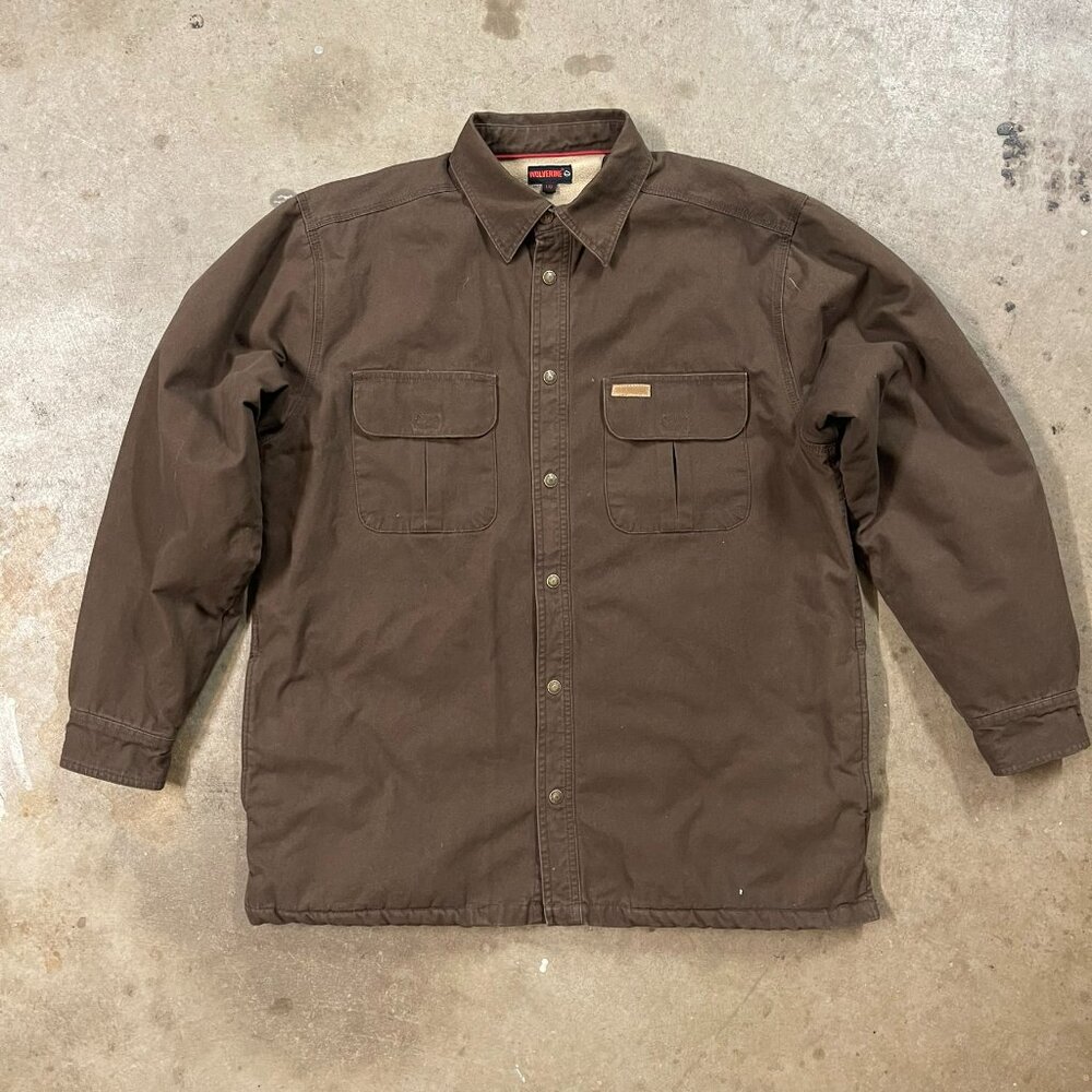 Wolverine Sherpa Lined Cotton Canvas Work Jacket Brown Button Up Size L